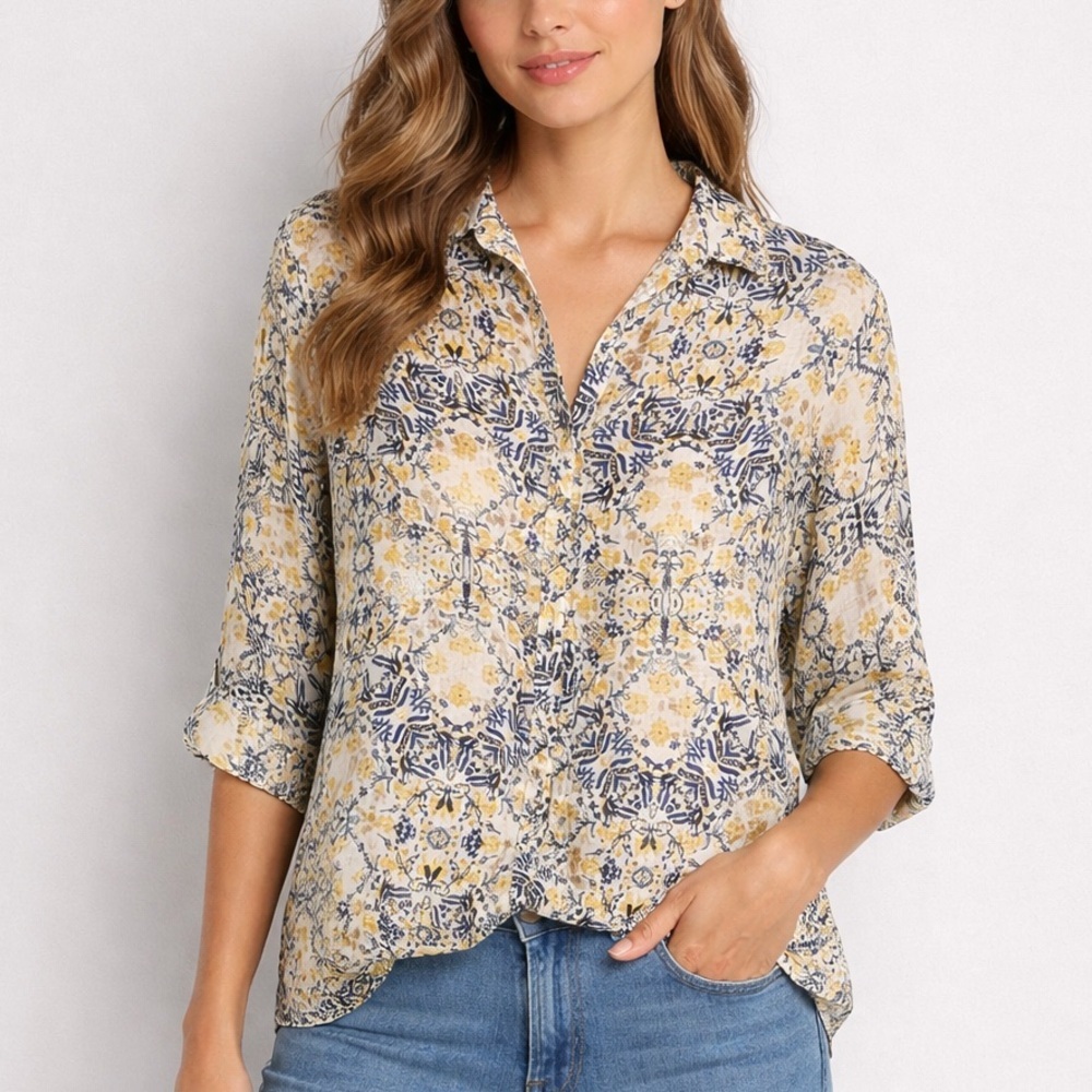 Charter Club Floral Medallion Linen Roll Tab Sleeve Blouse L Blue Yellow bb